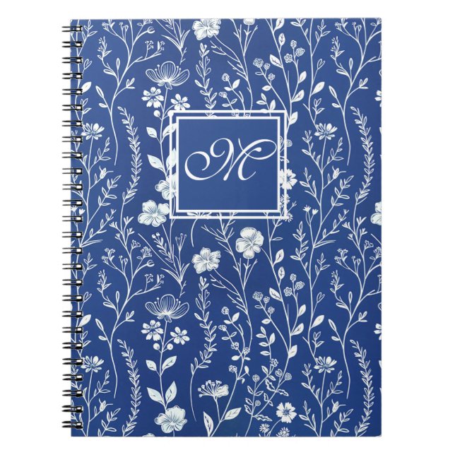 Caderno Espiral Notebook de Monograma de Flor Azul e Branco (Frente)