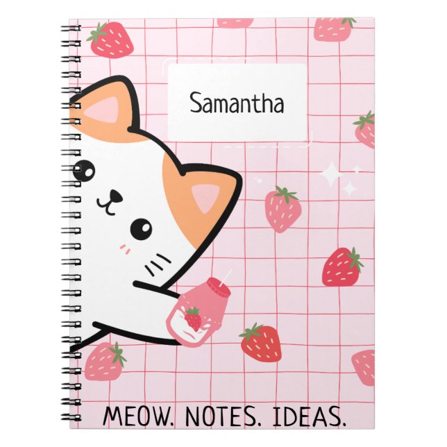 Caderno Espiral Notebook de morango Gatinho bonito (Frente)