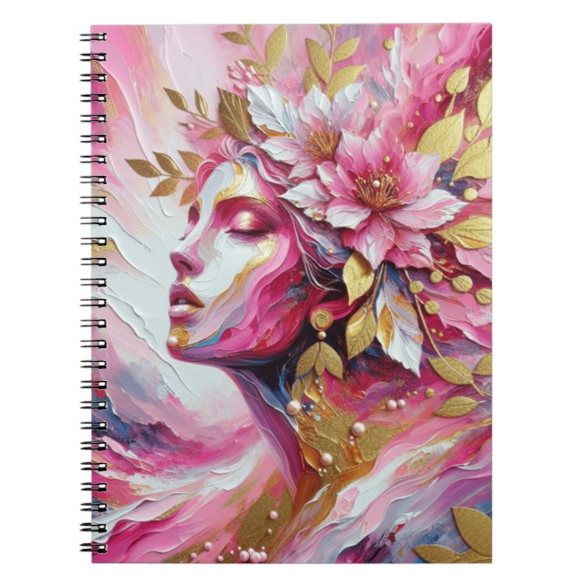 Caderno Espiral Notebook de mulher elegante, rosa e ouro (Frente)