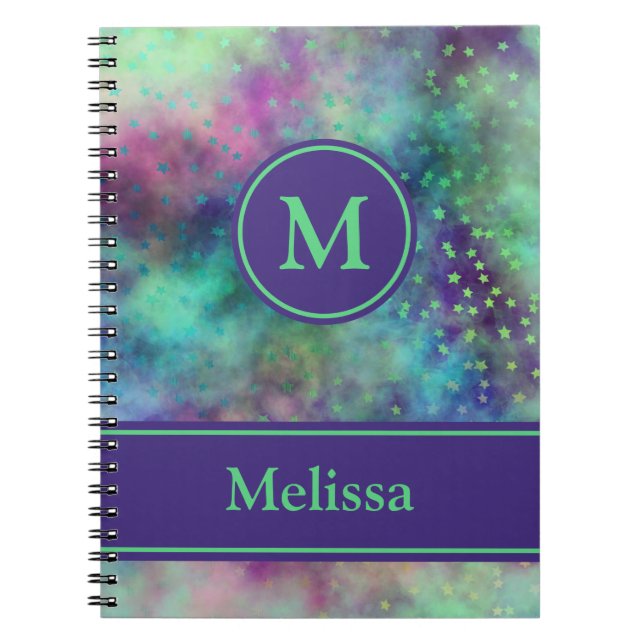 Caderno Espiral Notebook de nuvens e estrelas com nome de monogram (Frente)