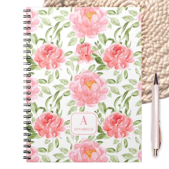 Caderno Espiral Notebook de Padrão Floral Floral de Aquarela (Watercolor Peony Floral Pattern Monogram Notebook)