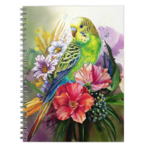 Notebook de periquito e flores