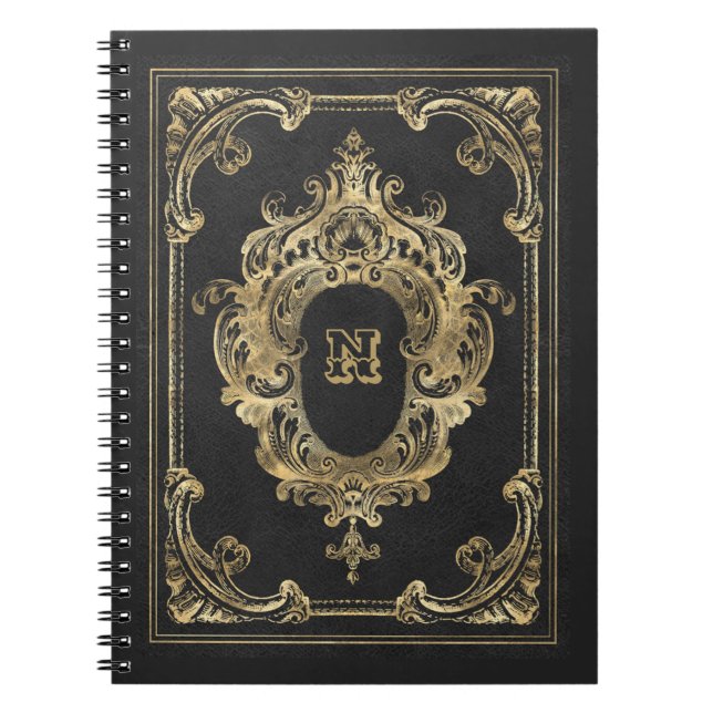 Caderno Espiral Notebook de quadro ornamentado preto e Dourado (Frente)