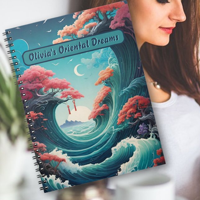 Caderno Espiral Notebook de Torquoise Oriental Waves Cherry Blosso (Criador carregado)