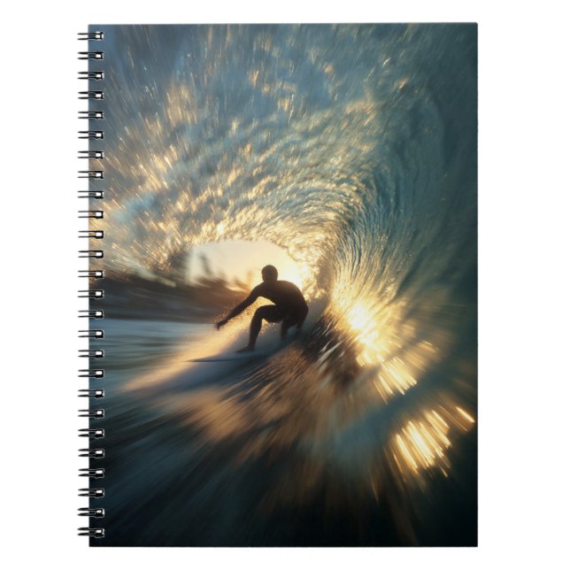Caderno Espiral Notebook de túnel de onda de Ouro de surfer (Frente)
