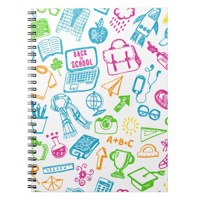 Caderno Espiral Notebook De Volta Para A Escola (Dynamic overhead shot: A colorful notebook filled with back-to-school doodles.)