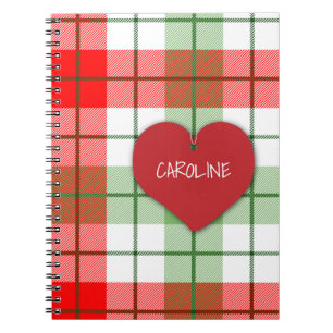 Caderno Espiral Notebook de Xadrez vermelha e verde e coração