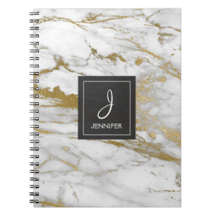 Caderno Espiral Notebook Dourado e branco de monograma de mármore