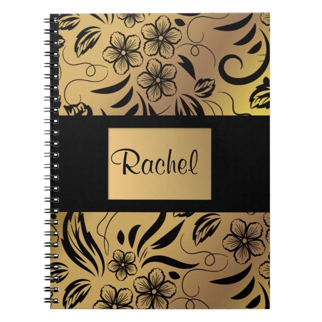 Caderno Espiral Notebook Dourado e preto padrão com qualquer nome (Frente)