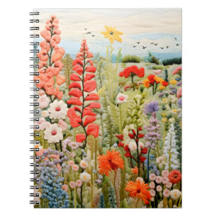 Caderno Espiral Notebook e Diário Bonito bordados de flores selvag