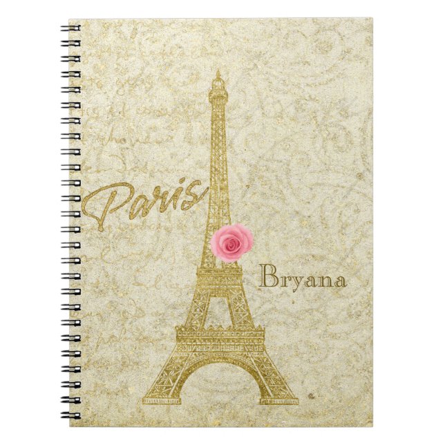 Caderno Espiral Notebook Eiffel Torre Paris Elegante Dourado e ros (Frente)