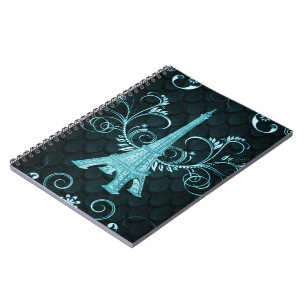 Caderno Espiral Notebook Eiffel Tower Teal Floral Swirls