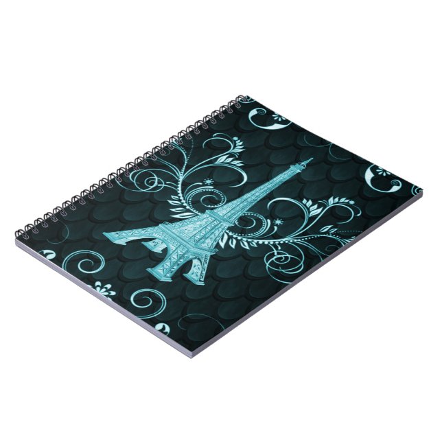Caderno Espiral Notebook Eiffel Tower Teal Floral Swirls (Left Side)