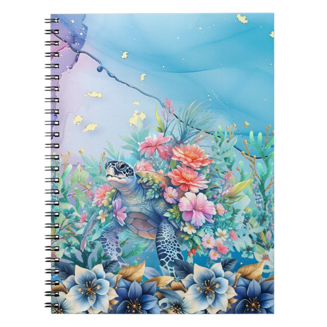 Caderno Espiral Notebook Elegant Watercolor Floral Sea Turtle (Frente)