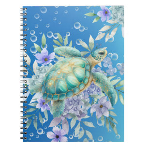 Caderno Espiral Notebook Elegant Watercolor Floral Sea Turtle