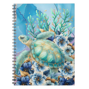 Caderno Espiral Notebook Elegant Watercolor Floral Sea Turtle