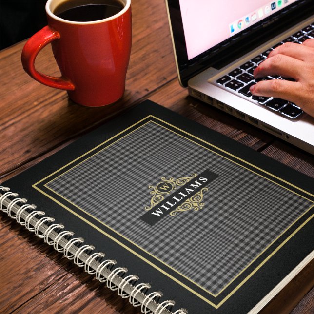 Caderno Espiral Notebook Elegante Black Dourado Glen com Xadrez mo (Criador carregado)