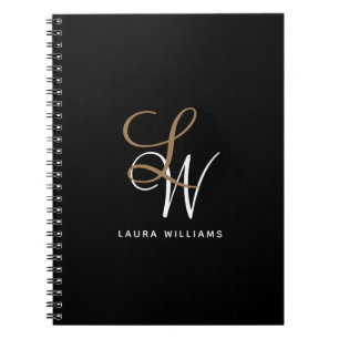 Caderno Espiral Notebook Elegante Monograma Dourado de Script Pret