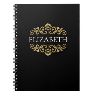 Caderno Espiral Notebook Elegante Monograma Dourado Espiral Preto
