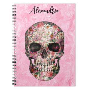 Caderno Espiral Notebook Elegante rosa Boho Floral Skull