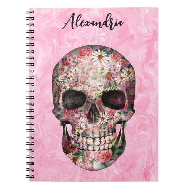 Caderno Espiral Notebook Elegante rosa Boho Floral Skull (Frente)