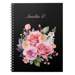 Caderno Espiral Notebook Elegante Watercolor Rose Bouquet Black