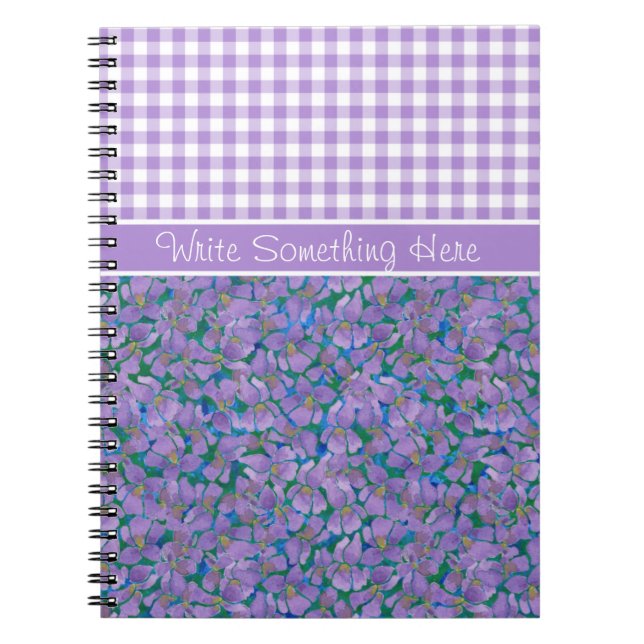 Caderno Espiral Notebook Espiral Personalizado, Violetas e Check G (Frente)