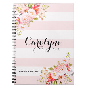 Caderno Espiral Notebook Feminino Pink Strips Floral Personalizado