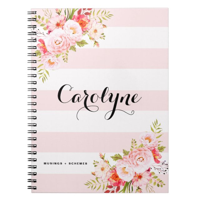 Caderno Espiral Notebook Feminino Pink Strips Floral Personalizado (Frente)