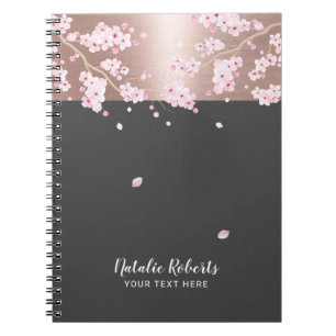 Caderno Espiral Notebook Floral com Flor de Flor de Cereja Dourado
