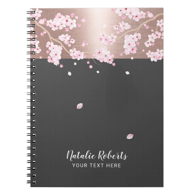 Caderno Espiral Notebook Floral com Flor de Flor de Cereja Dourado (Frente)