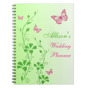 Caderno Espiral Notebook Floral de Borboleta Verde Rosa Personaliz