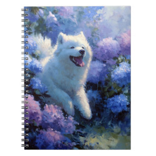 Caderno Espiral Notebook Fluffy White Dog Entre Hydrangeas Azuis