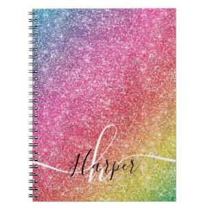 Caderno Espiral Notebook Girly Rainbow Glitter Monographic Name