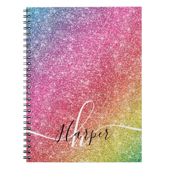 Caderno Espiral Notebook Girly Rainbow Glitter Monographic Name (Frente)