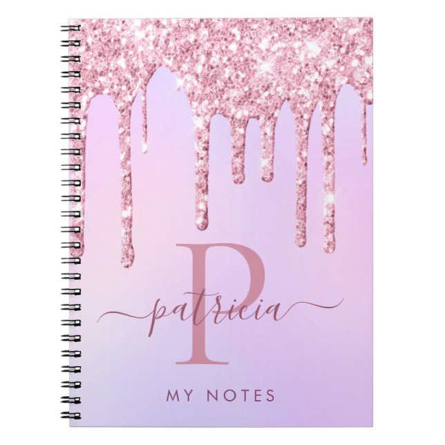 Caderno Espiral Notebook Glam Pink Glitter Drives Monograma Elegan (Frente)