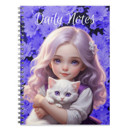 Caderno Espiral Notebook Little Girl White Kitten Purple Flowers