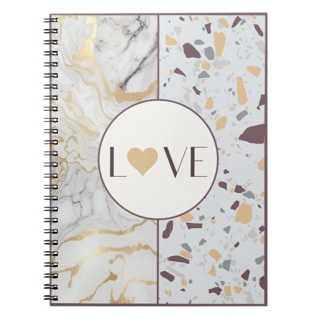 Caderno Espiral Notebook Love Terrazzo-Marble com Dourado coração (Frente)