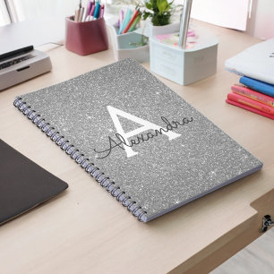 Caderno Espiral Notebook Luxury Silver Glitter Sparkle Monograma