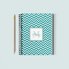 Caderno Espiral Notebook moderno de padrão teal Chevron Monograma