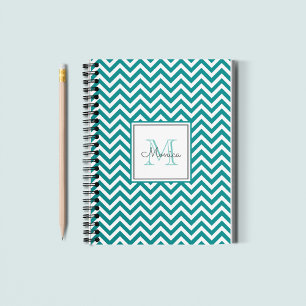 Caderno Espiral Notebook moderno de padrão teal Chevron Monograma