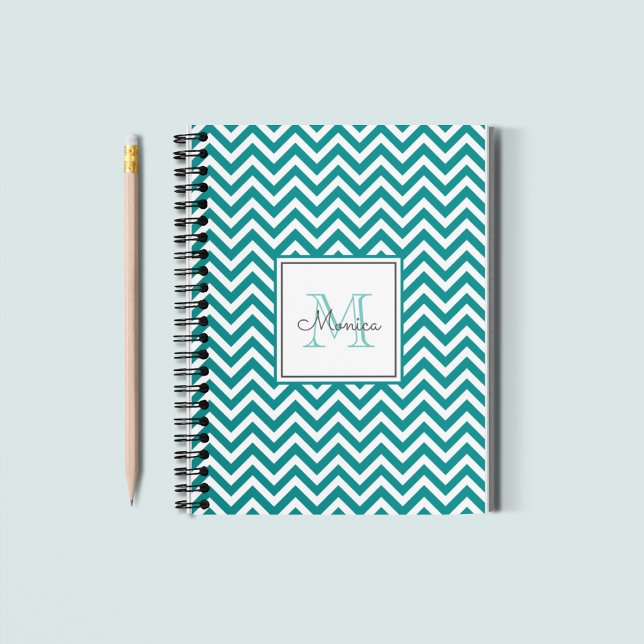 Caderno Espiral Notebook moderno de padrão teal Chevron Monograma (Criador carregado)