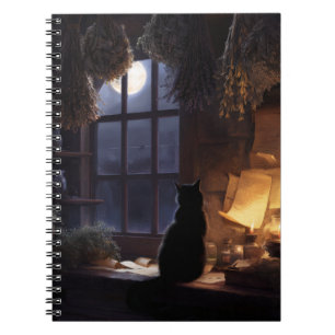 Caderno Espiral Notebook Moonlit Cat Cottage Window