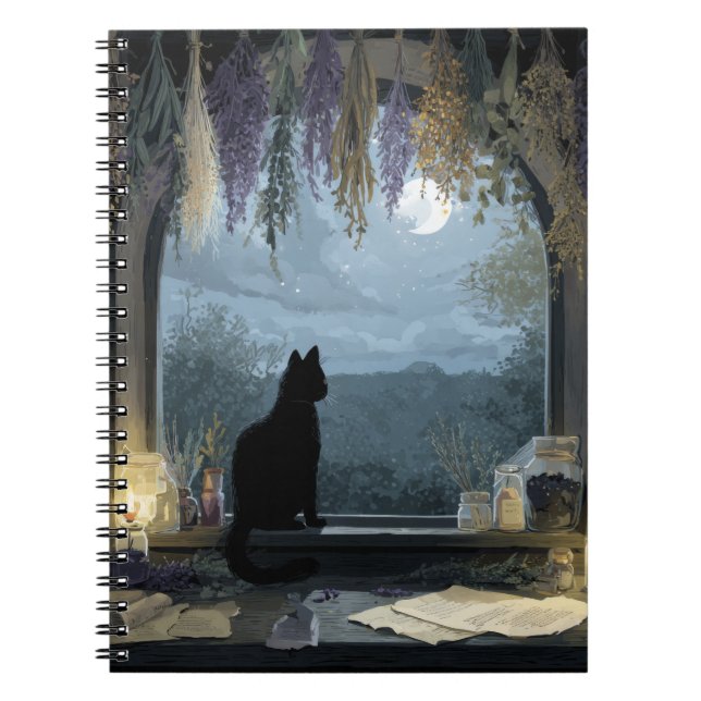 Caderno Espiral Notebook Moonlit Cat Herbal Window (Frente)