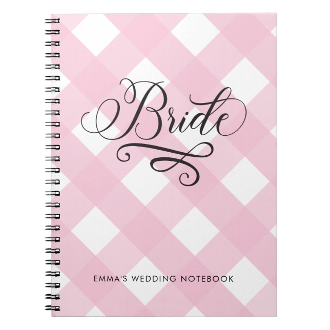 Caderno Espiral Notebook na moda Bride Blush Pink Gingham Casado (Frente)