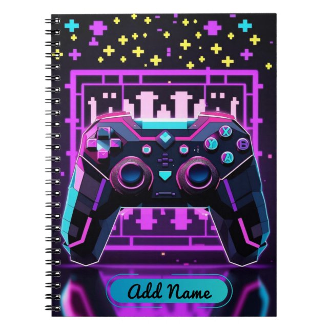 Caderno Espiral Notebook Neon Gamer Controller - Nome editável (Frente)