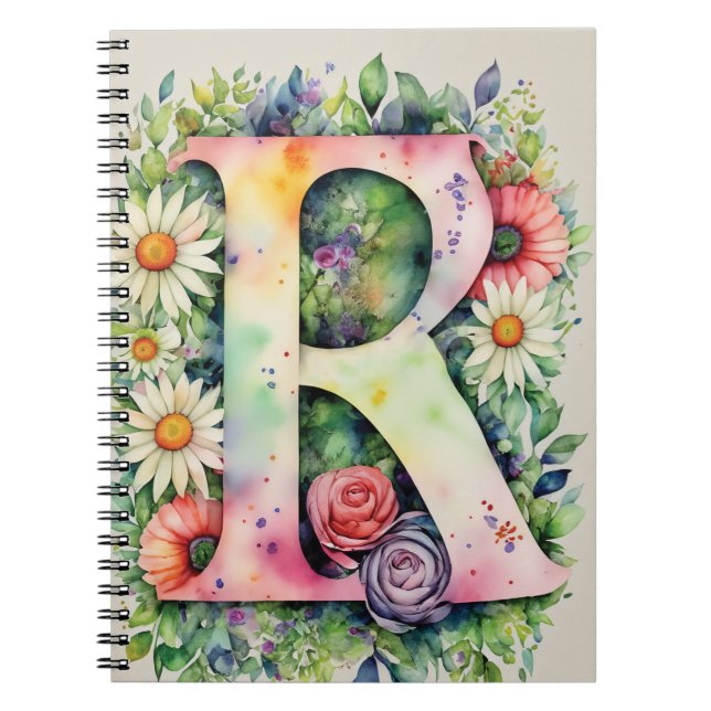 Caderno Espiral Notebook Personalizado com Letra R Floral Watercol (Frente)