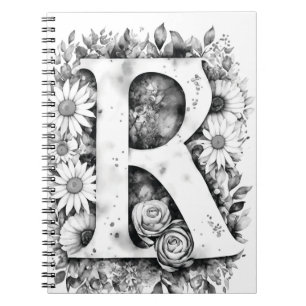 Caderno Espiral Notebook Personalizado com Letra R Floral Watercol