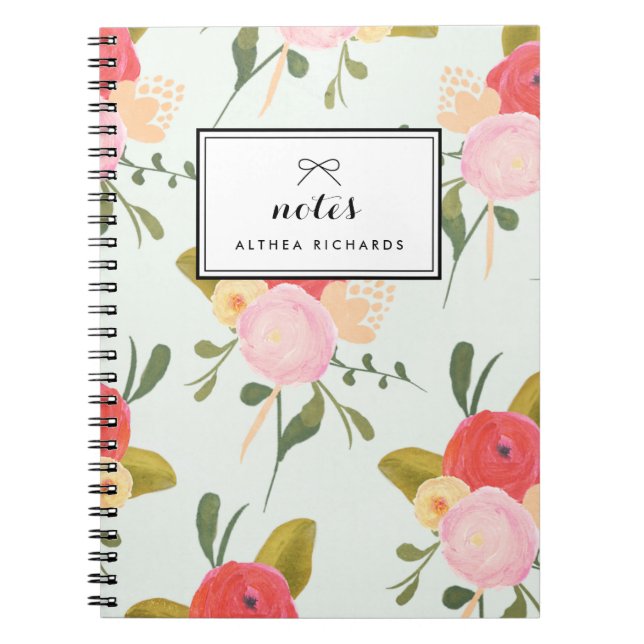 Caderno Espiral Notebook Personalizado com Padrão de Peonies Vinta (Frente)
