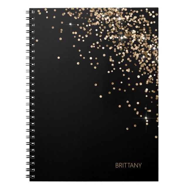 Caderno Espiral Notebook Personalizado de Confetti Preto Dourado (Frente)